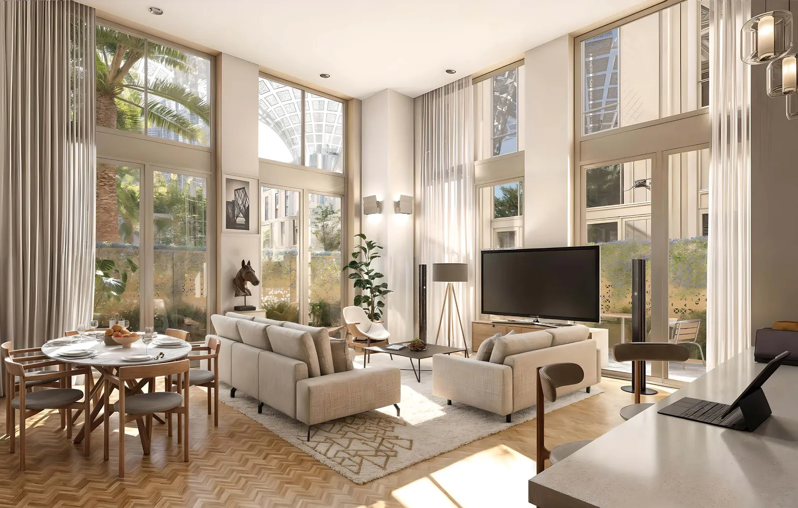 Double-height loft living room at Al Waha Residences
