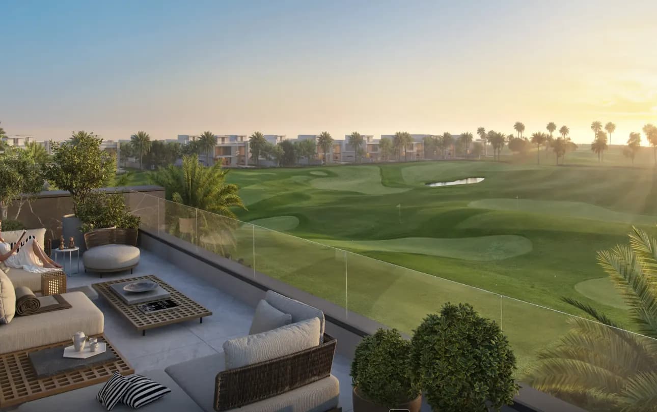 Terrace overlooking the fairways at Jumeirah Golf Estates