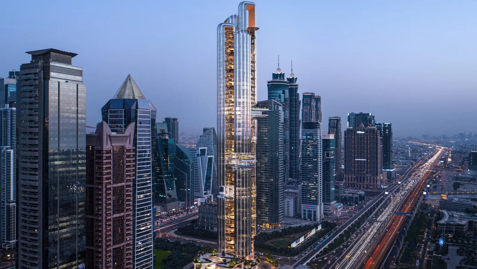 Lumena rising above Sheikh Zayed Road and Business Bay