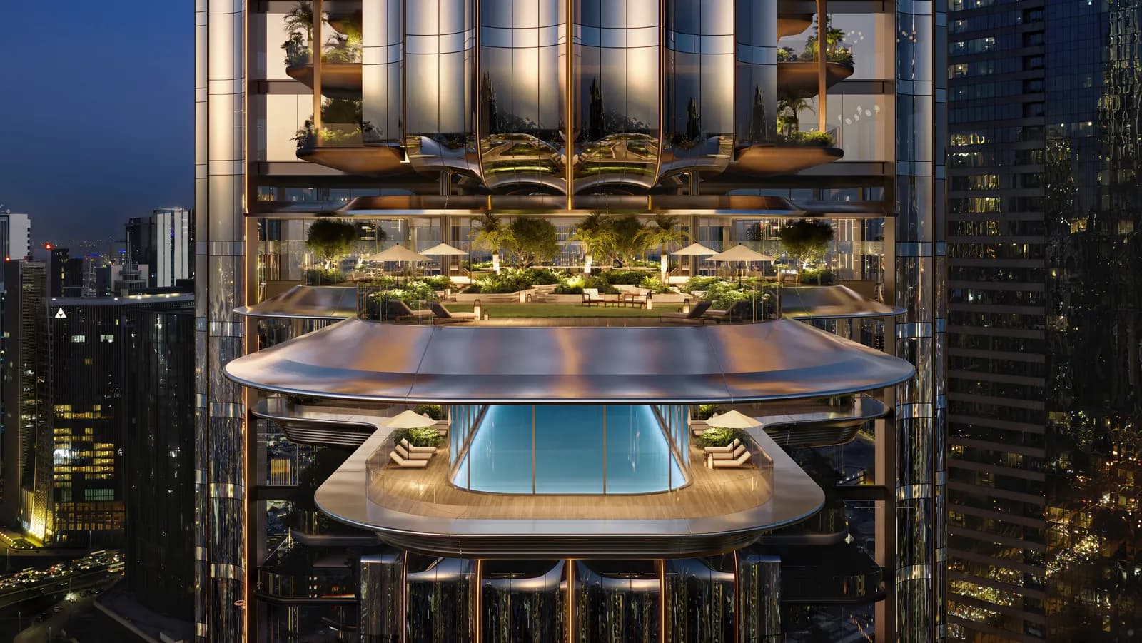 Cantilevered sky pool terrace at Lumena by OMNIYAT