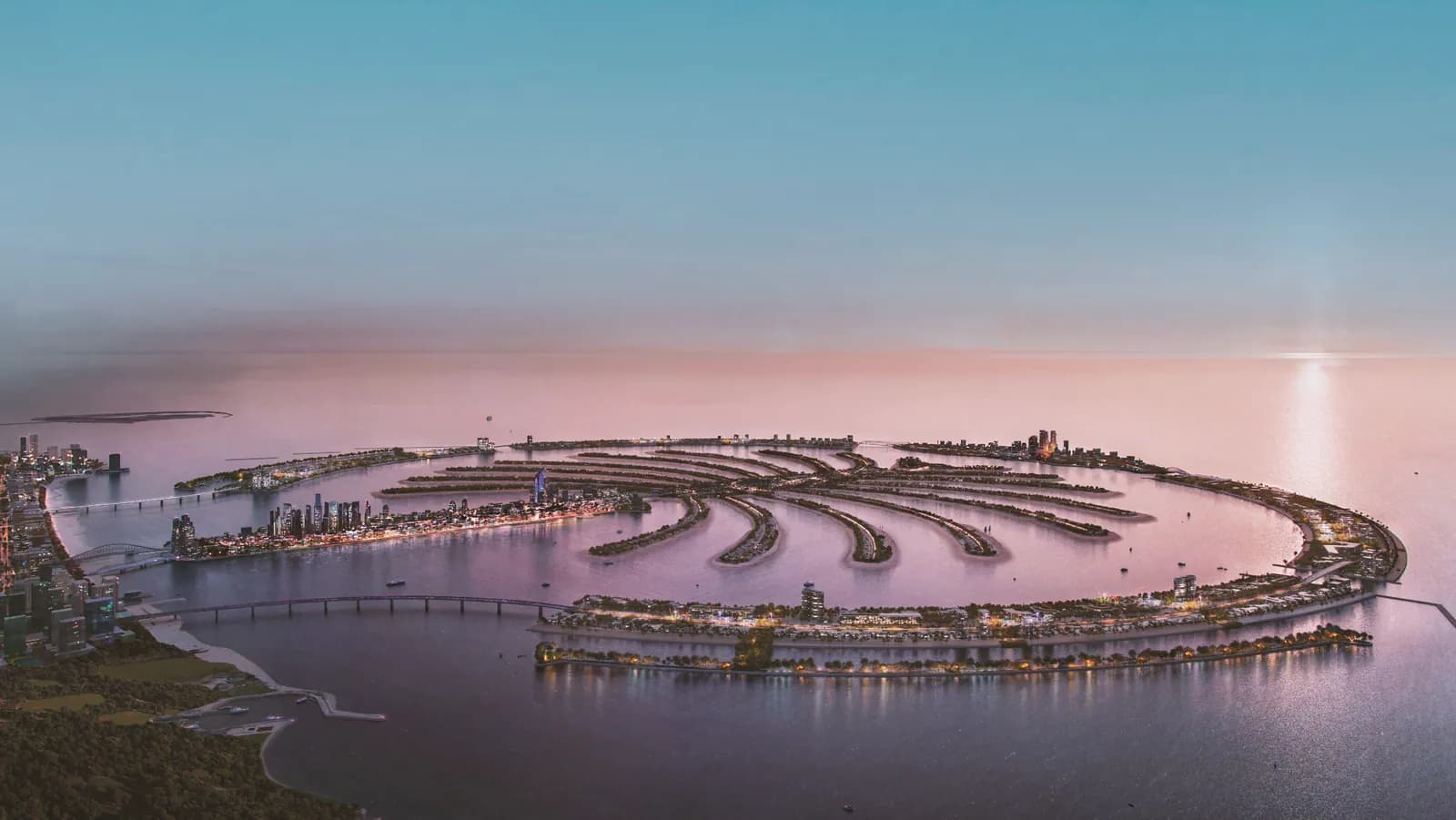 Aerial view of Palm Jebel Ali at dusk