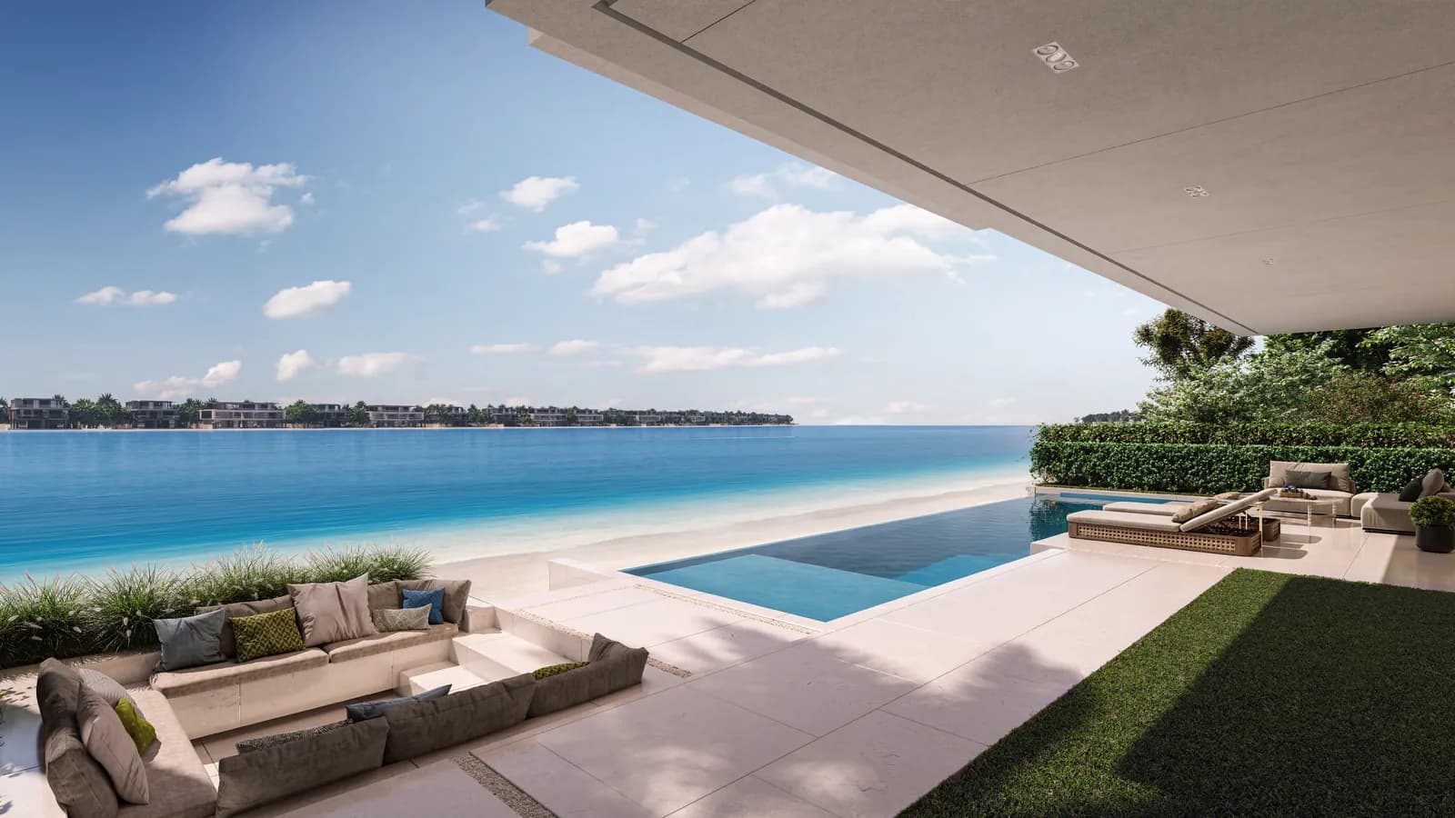 Sea-view terrace and infinity pool at a Palm Jebel Ali villa