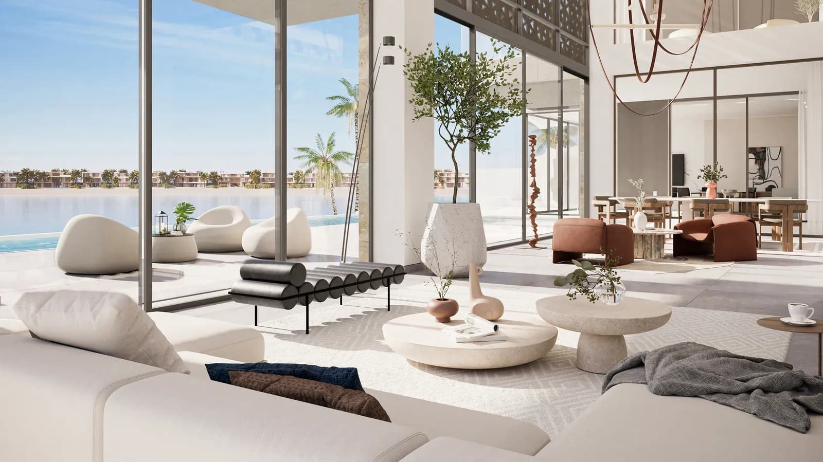 Double-height living room with sea views in a Palm Jebel Ali villa